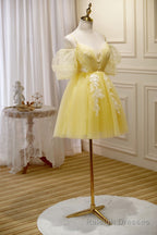 Light Yellow Tulle with Lace Puffy Sleeves Prom Dress, Yellow Homecoming Dresses