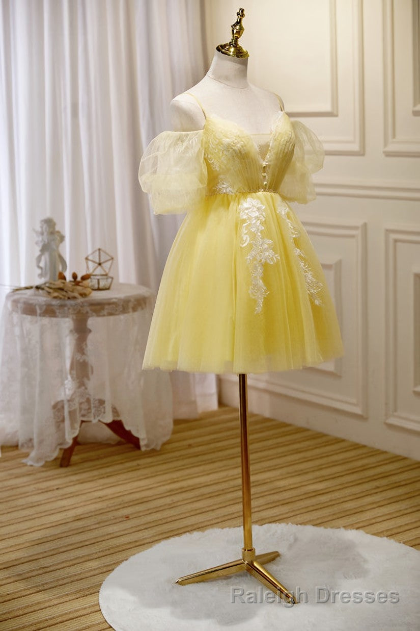 Light Yellow Tulle with Lace Puffy Sleeves Prom Dress, Yellow Homecoming Dresses
