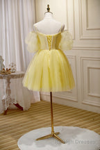 Light Yellow Tulle with Lace Puffy Sleeves Prom Dress, Yellow Homecoming Dresses