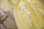 Light Yellow Tulle with Lace Puffy Sleeves Prom Dress, Yellow Homecoming Dresses