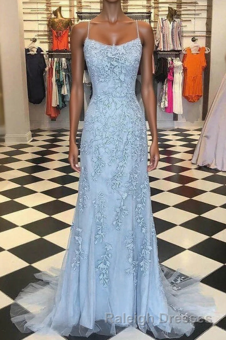 Chic Trumpet Spaghetti Straps With Lace Appliques Light Blue Prom Dresses Main image