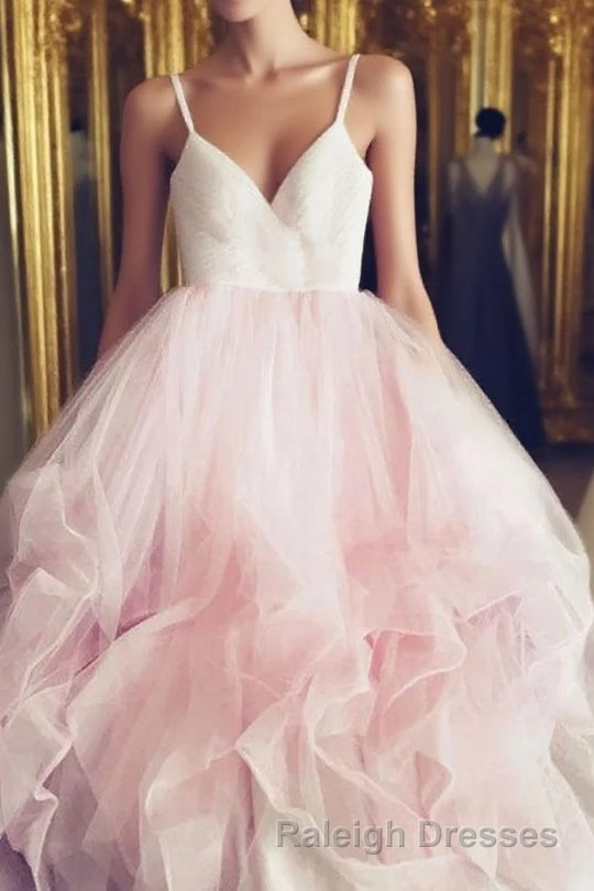Light Pink Spaghetti Straps Tulle Long Prom Formal Dress, Puffy Party Dress Main image