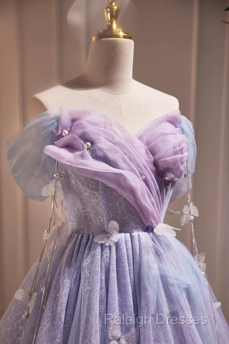 Lightpurple Tulle Off Shoulder Short Prom Dresses Cute A Line Off Shoulder Homecoming Dresses