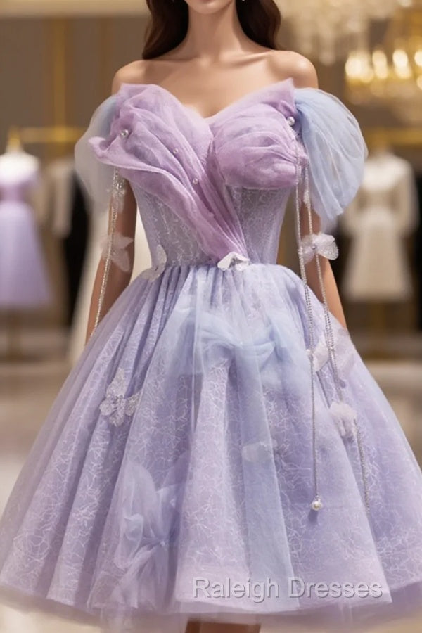 Lightpurple Tulle Off Shoulder Short Prom Dress, Cute A-Line Off Shoulder Homecoming Dress Main image
