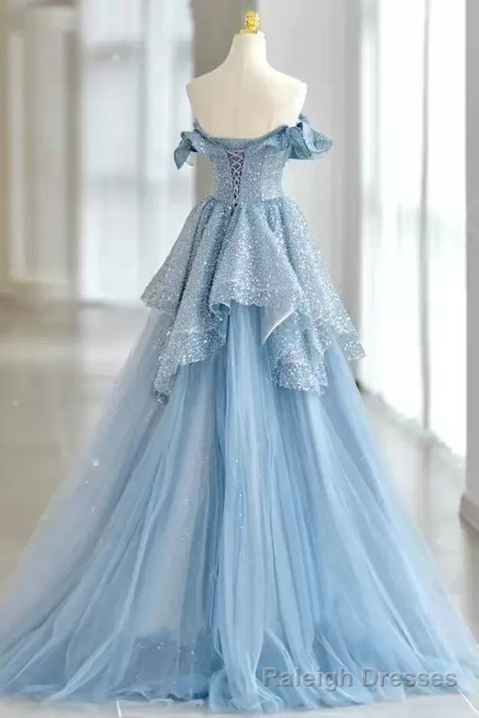 Light Sky Blue Off the Shoulder Tulle Prom Dress, Sparkly Long Party Gown Secondary image