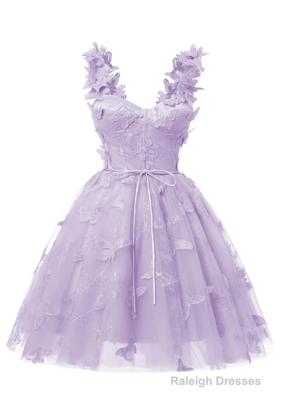 Lilac 3D Butterfly Lace Applique Tulle Homecoming Dress for Teens Sweetheart Mini Short Prom Dresses Main image