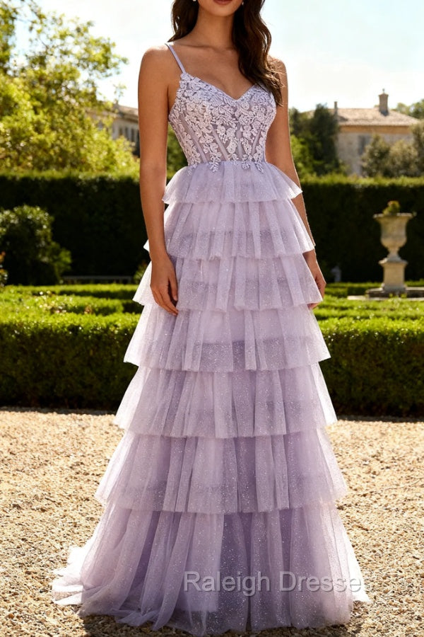 Lilac A Line Beaded Corset Tiered Long Prom Dress with Slit Secondary image
