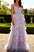 Lilac A Line Beaded Corset Tiered Long Prom Dress with Slit