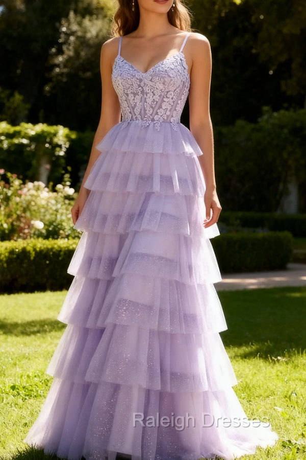 Lilac A Line Beaded Corset Tiered Long Prom Dress with Slit Main image