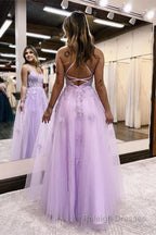 Lilac A Line Spaghetti Straps Lace Long Prom Dress with Slit