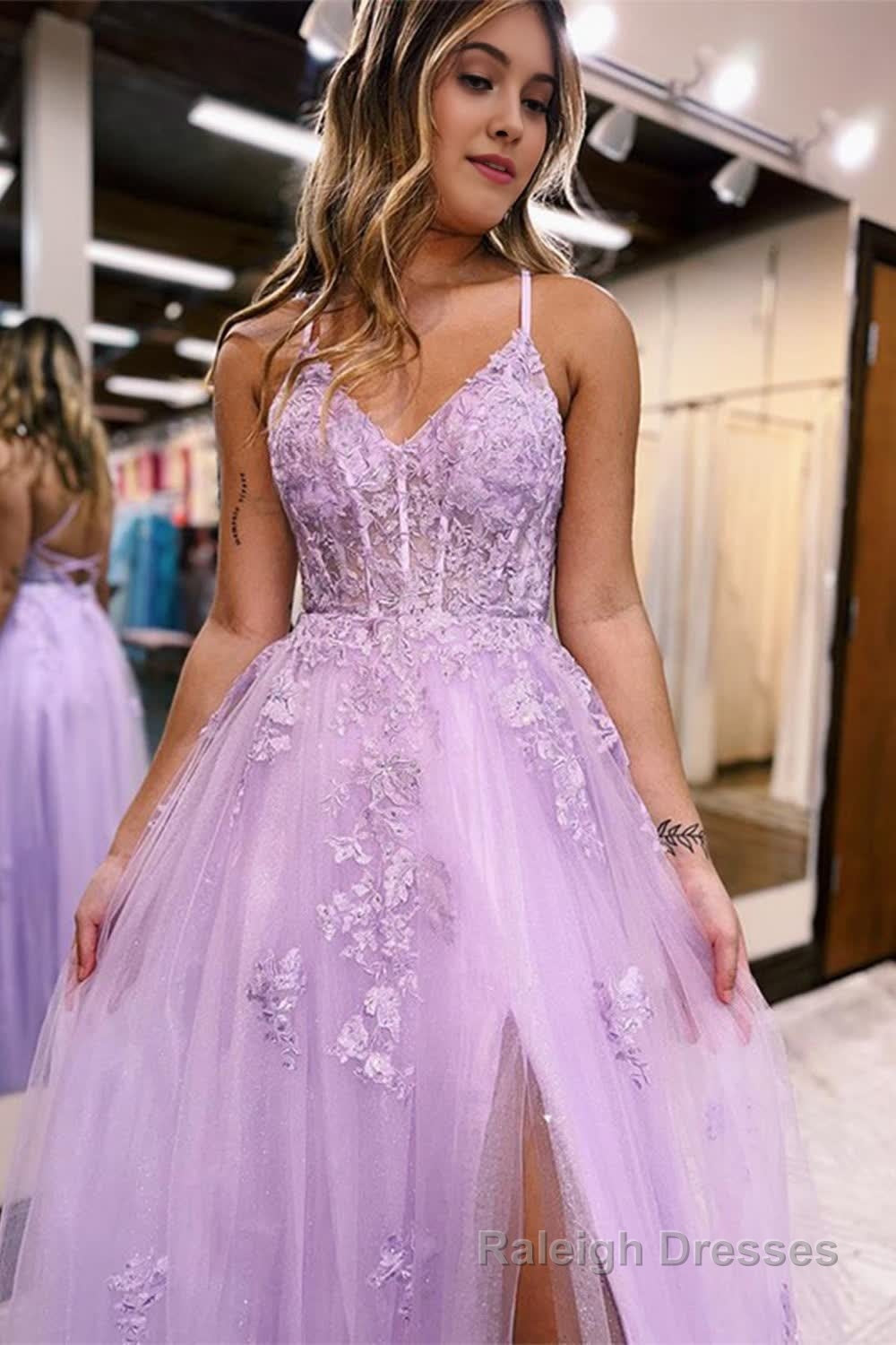 Lilac A Line Spaghetti Straps Lace Long Prom Dress with Slit