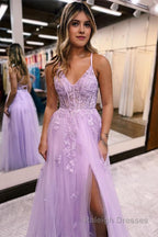 Lilac A Line Spaghetti Straps Lace Long Prom Dress with Slit