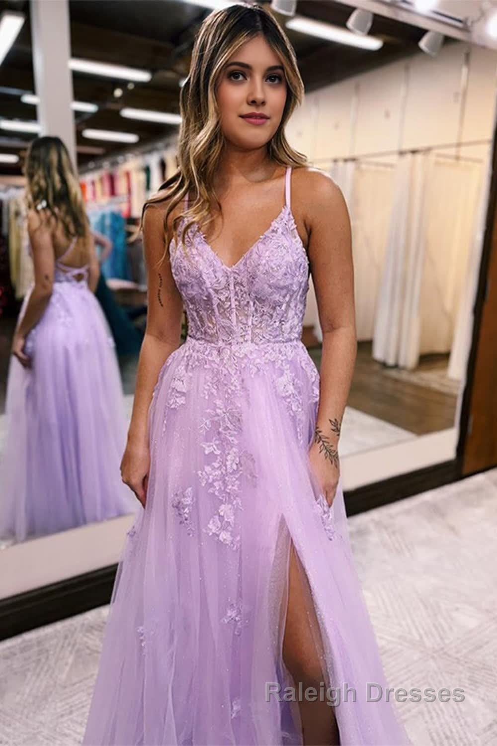 Lilac A Line Spaghetti Straps Lace Long Prom Dress with Slit
