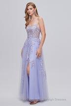 Lilac Appliques Lace-Up A-Line Long Prom Dresses with Slit