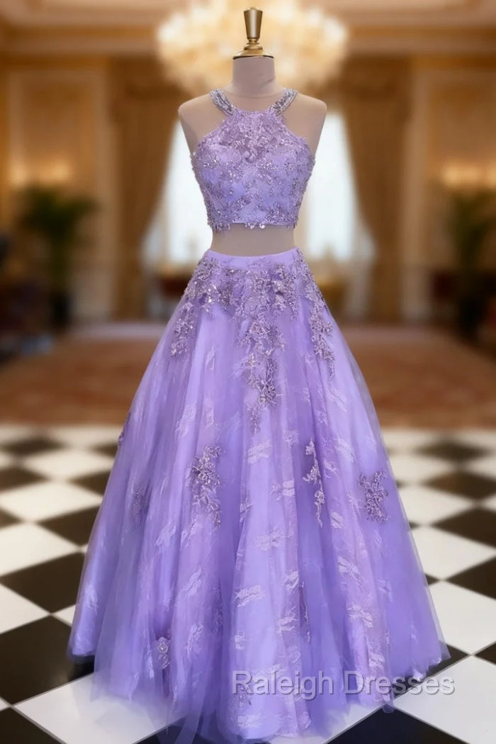 Lilac Ball Gown Scoop Neck Sleeveless Long/Floor-Length Tulle Prom Dress With Appliqued Beading