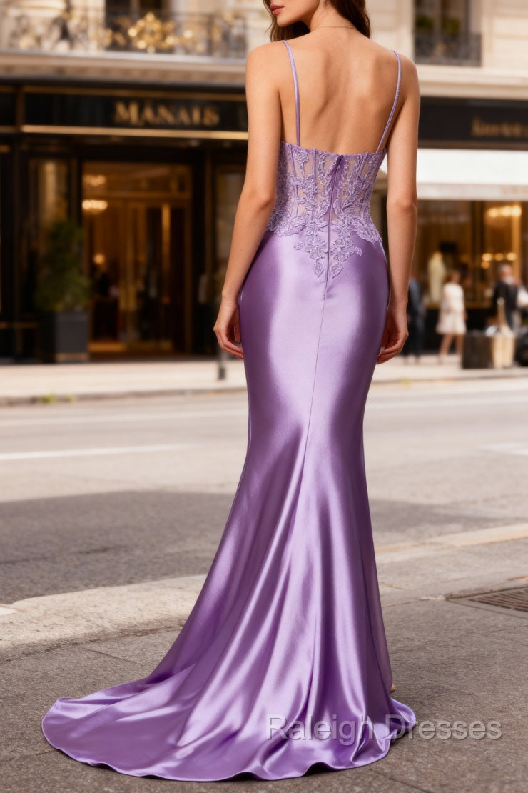 Lilac Floral Mermaid Corset Long Prom Dresses with Slit Secondary image