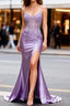 Lilac Floral Unique Mermaid Corset Prom Dresses Long with Slit