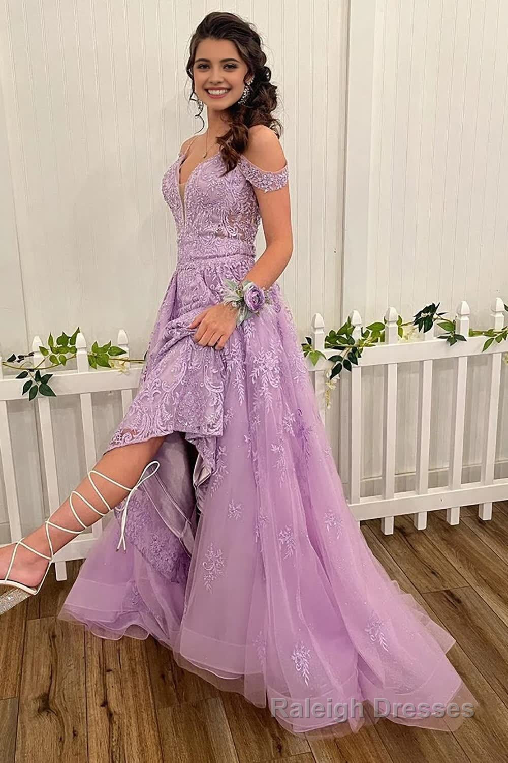 Lilac High Low Spaghetti Straps Lace Prom Dress Main image