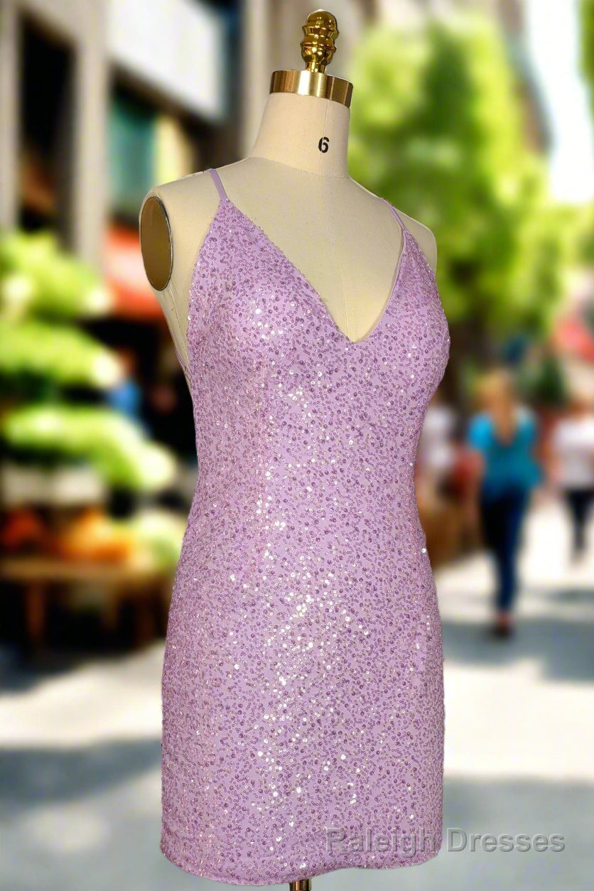 Lilac Homecoming Dresses Sheath/Column Ruched V Neck Sleeveless Short Mini Dresses Secondary image
