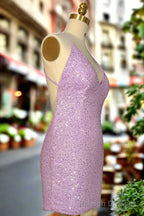 Lilac Homecoming Dresses Sheath/Column Ruched V Neck Sleeveless Short Mini Dresses