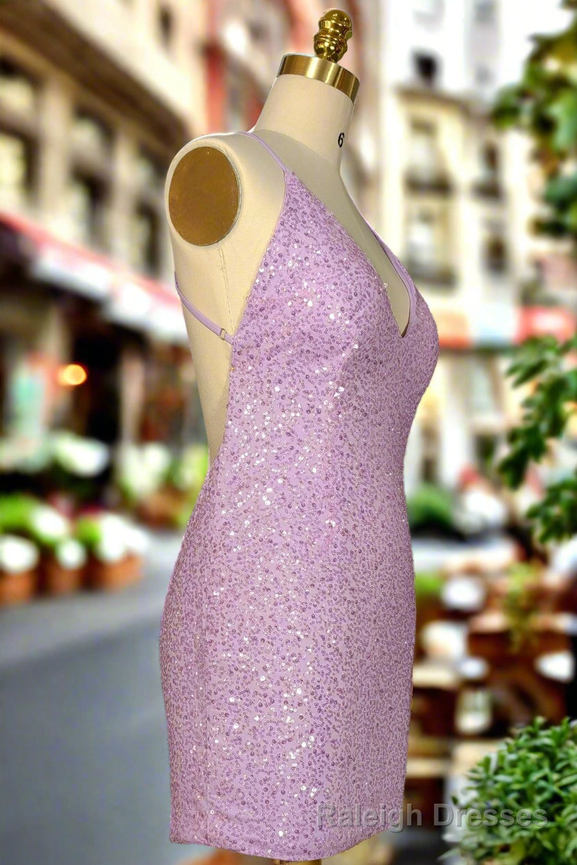 Lilac Homecoming Dresses Sheath/Column Ruched V Neck Sleeveless Short Mini Dresses