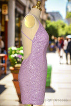Lilac Homecoming Dresses Sheath/Column Ruched V Neck Sleeveless Short Mini Dresses