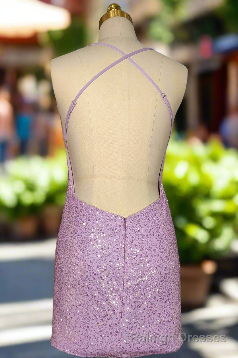 Lilac Homecoming Dresses Sheath/Column Ruched V Neck Sleeveless Short Mini Dresses