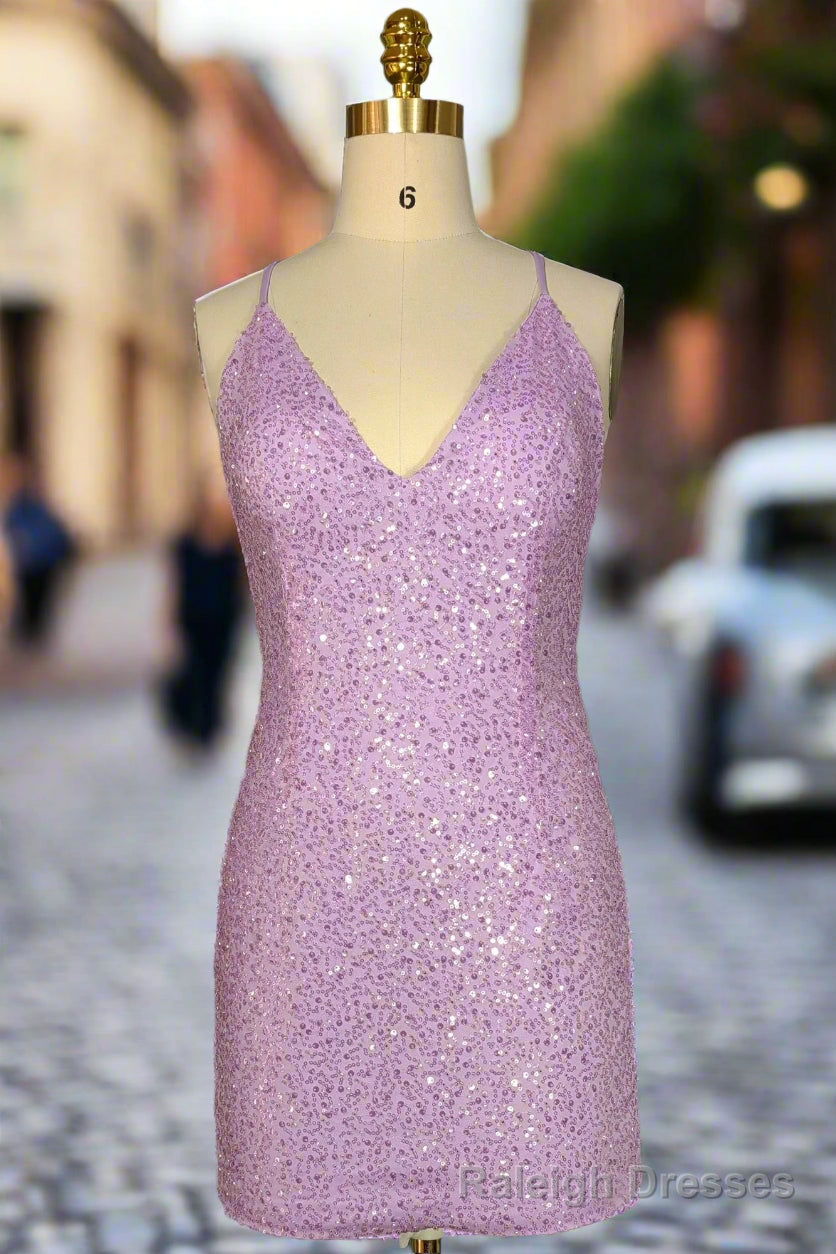 Lilac Homecoming Dresses Sheath/Column Ruched V Neck Sleeveless Short Mini Dresses Main image