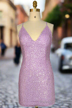 Lilac Homecoming Dresses Sheath/Column Ruched V Neck Sleeveless Short Mini Dresses