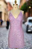 Lilac Homecoming Dresses Sheath/Column Ruched V Neck Sleeveless Short Mini Dresses