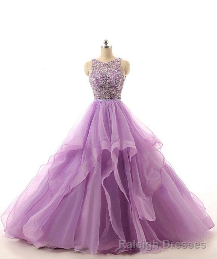Lilac Lace Beaded Long Organza Quinceanera Ball Gowns