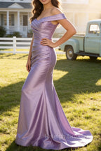 Lilac Mermaid Off the Shoulder Ruched Long Prom Dress