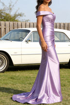 Lilac Mermaid Off the Shoulder Ruched Long Prom Dress