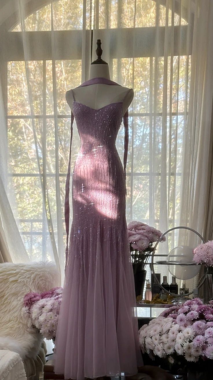 Lilac Mermaid Spaghetti Strap Beaded Chiffon Prom Dresses Long Graduation Prom Dresses Secondary image
