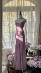Lilac Mermaid Spaghetti Strap Beaded Chiffon Prom Dresses Long Graduation Prom Dresses