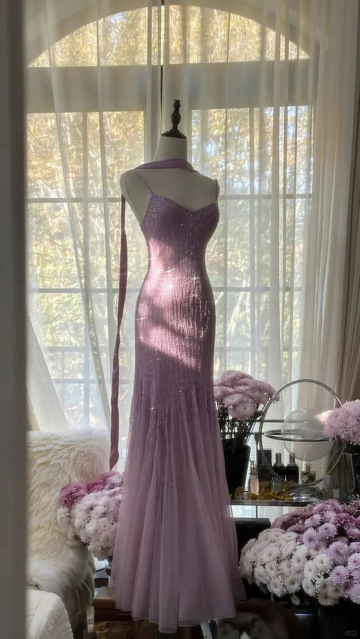 Lilac Mermaid Spaghetti Strap Beaded Chiffon Prom Dresses Long Graduation Prom Dresses