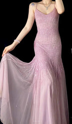 Lilac Mermaid Spaghetti Strap Beaded Chiffon Prom Dresses Long Graduation Prom Dresses