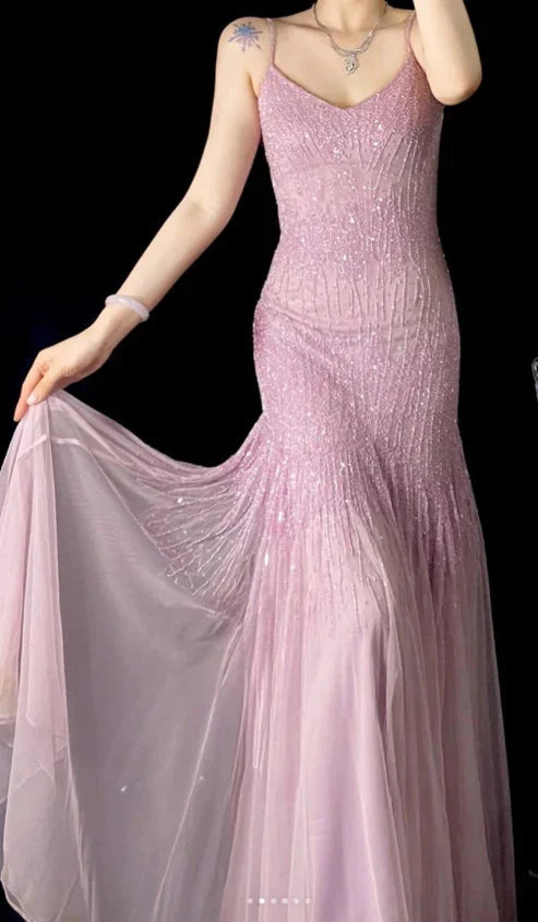Lilac Mermaid Spaghetti Strap Beaded Chiffon Prom Dresses Long Graduation Prom Dresses