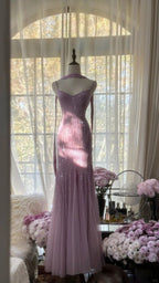 Lilac Mermaid Spaghetti Strap Beaded Chiffon Prom Dresses Long Graduation Prom Dresses