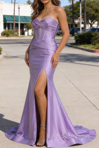 Lilac Mermaid Sweetheart Corset Prom Dresses Long with Slit