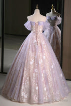 Lilac Off The Shoulder Tulle A Line Prom Dress With Appliques