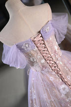 Lilac Off The Shoulder Tulle A Line Prom Dress With Appliques