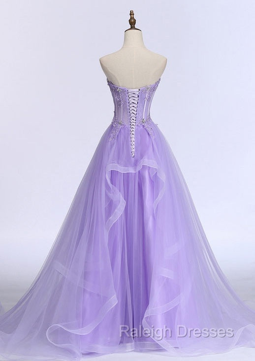 Lilac Prom Dresses, A-line/Princess Sweetheart Sleeveless Sweep Train Tulle Prom Dress With Beading Appliqued Secondary image