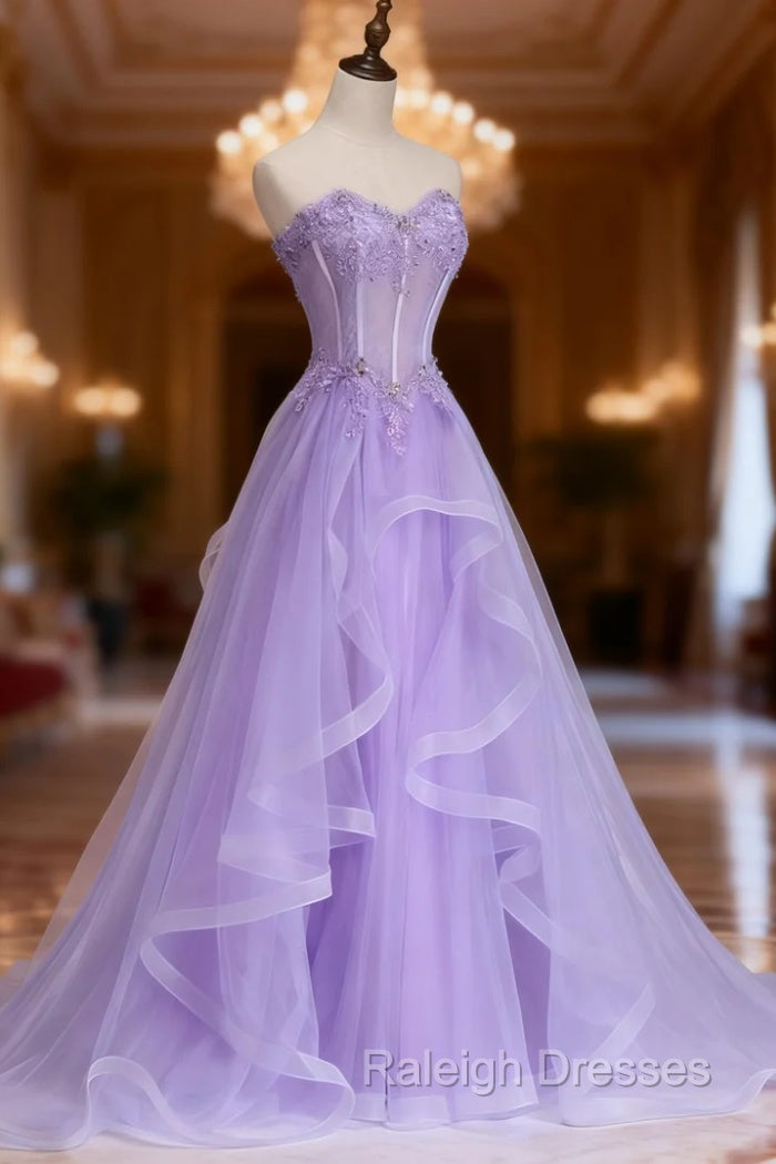 Lilac Prom Dresses, A-line/Princess Sweetheart Sleeveless Sweep Train Tulle Prom Dress With Beading Appliqued Main image
