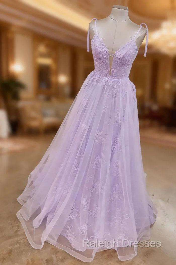 Lilac Prom Dresses, A-line V Neck Spaghetti Straps Long/Floor-Length Lace Tulle Prom Dress