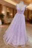 Lilac Prom Dress A Line V Neck Spaghetti Straps Long Dress Floor Length Lace Tulle Prom Dresses
