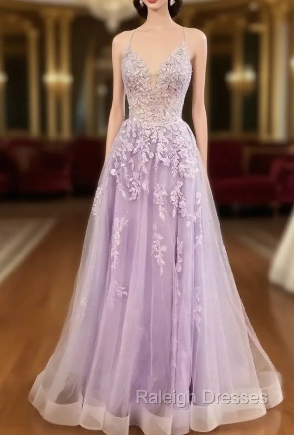 Lilac Prom Dresses, A-line V Neck Spaghetti Straps Long/Floor-Length Tulle Prom Dress With Appliqued Sequins Main image