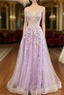 Lilac Prom Dresses, A-line V Neck Spaghetti Straps Long/Floor-Length Tulle Prom Dress With Appliqued Sequins