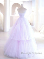 Lilac Purple Strapless Tulle Sheer A Line Prom Dress