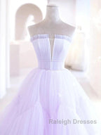 Lilac Purple Strapless Tulle Sheer A Line Prom Dress